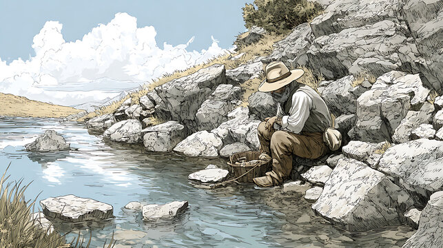 A weary prospector sitting by a river and washing rocks (1)