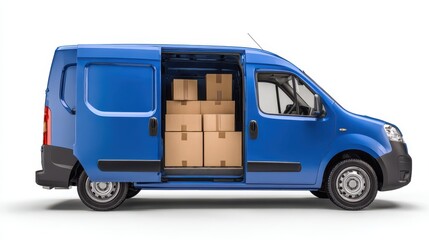 Blue delivery van with open doors and boxes inside on white background