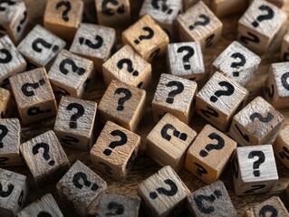 Many question arising concept. Trouble and confusion. Top view of many wood cubes with question marks.