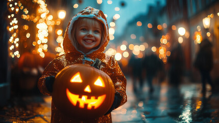 Obraz premium children in cute Halloween costumes trick-or-treating at decorated houses, glowing pumpkins, warm street lights