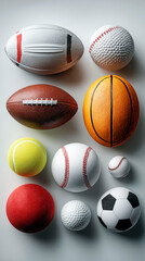 Various types of sports balls arranged on a neutral background showing textures and shapes
