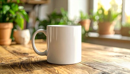 A Minimalist White Mug Displayed on Wooden Table Surrounded by Green Plants