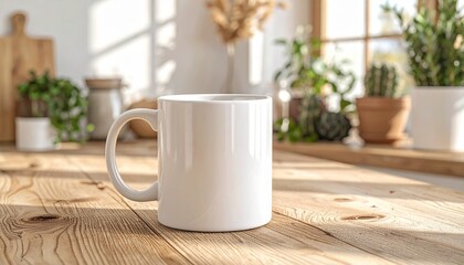 Obraz premium White Mug on Wooden Table in Sunlit Kitchen