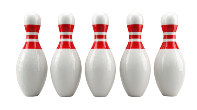 Striking Bowling Pins: A captivating shot of five perfectly aligned bowling pins. Their sleek, white bodies with vibrant red stripes stand in stark contrast.