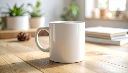 Blank White Coffee Mug on Wooden Table, Perfect for Mockups