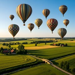 Naklejka premium Hot air balloons soaring above the lush green fields on a bright sunny day scene