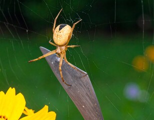 Close-up of a light-yellow spider on a web, next to a yellow flower