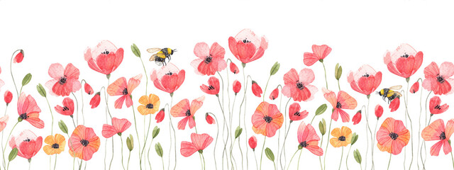 Watercolor wildflowers in a meadow. Poppy ornament. Hand-painted flower postcard with wildflowers on a white background. Festive spring illustration for design, printing, or background.