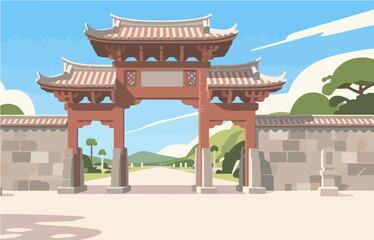 Japanese style architecture and scenery, vector graphics