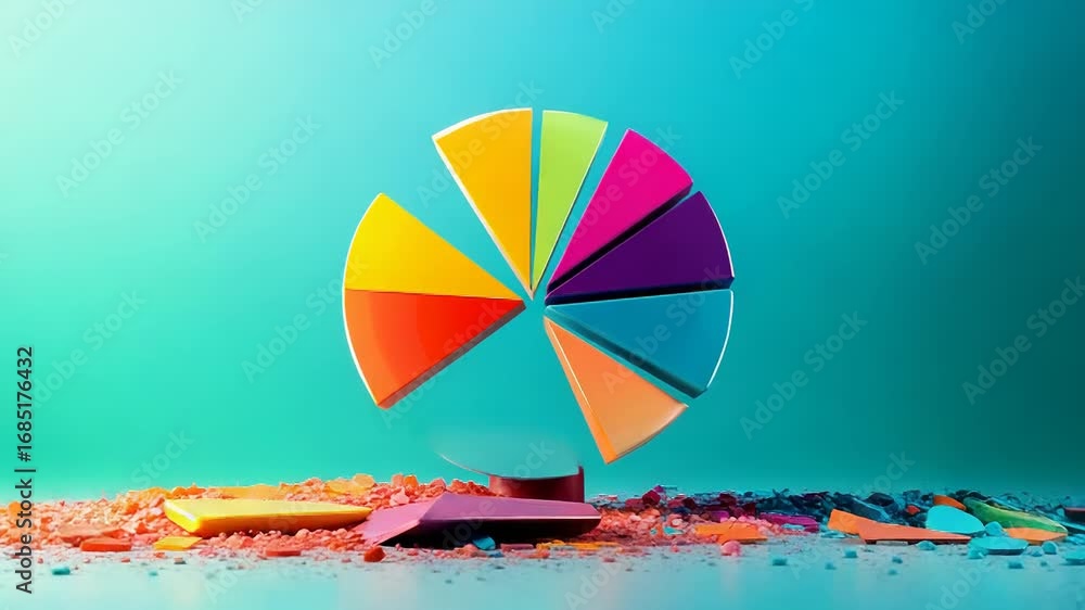 Poster colorful pie chart exploding on turquoise background representing market crash