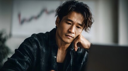 A focused Asian man is diligently analyzing information on his laptop with a financial chart blurred in the background suggesting deep concent n on
