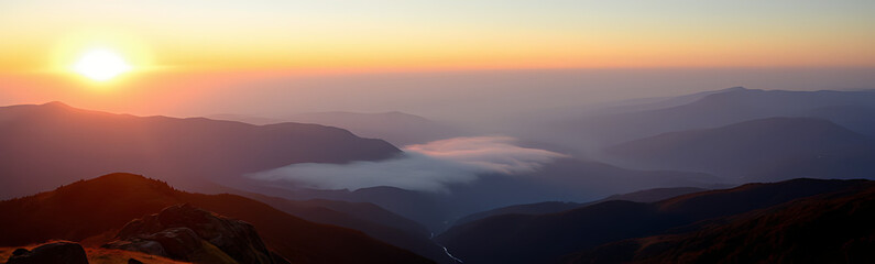 Fototapeta premium Beautiful Mountain Landscape Sunrise Mist Over The Valley Ultra Realistic Cinematic Lighting