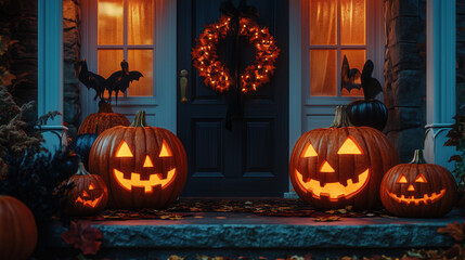Obraz premium a cheerful Halloween porch, friendly carved pumpkins, wreath with black and orange ribbons, festive night atmosphere