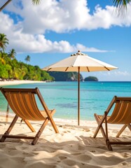 Obraz premium Tropical beach scene with sun loungers and umbrella