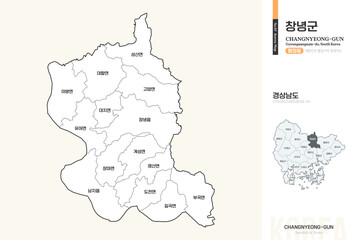 Obraz premium 경상남도 창녕군 행정동 윤곽선 지도