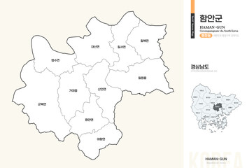 Obraz premium 경상남도 함안군 행정동 윤곽선 지도