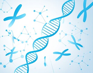 Dna molecule spirals amidst chromosomes and molecular structures on light blue backdrop, representing genetic research and scientific advancement.