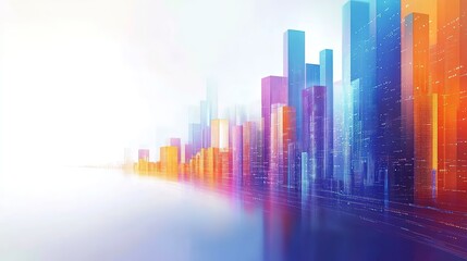 Fototapeta premium Abstract Digital Data Visualization with Colorful Building Shapes in Blue Orange Purple, Marketing and Advertising Background with Text Space