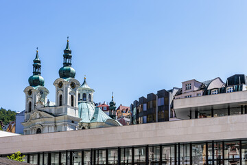Summer walk through the spa center of the famous Karlovy Vary (Carlsbad) in the Czech Republic