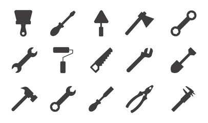 set of color tools and Instrument line icon, service sign icon Construction tool like screwdriver, saw, hammer, axe, ruler, wrench, vector abstract silhouette geometric engineering and Manufacturing 