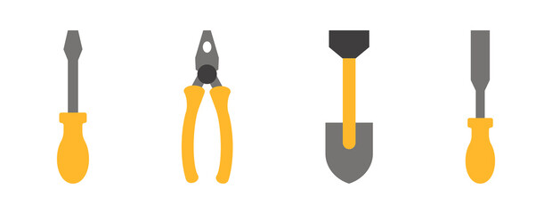 Obraz premium set of color tools and Instrument line icon, service sign icon Construction tool like screwdriver, saw, hammer, axe, ruler, wrench, vector abstract silhouette geometric engineering and Manufacturing 