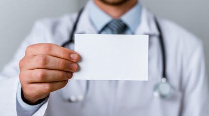 A doctor holding a blank card in a clinical setting, representing healthcare and professionalism in medicine.