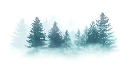 Fototapeta premium A serene view of an evergreen forest shrouded in a mysterious morning fog. A tranquil landscape of pine trees isolated on a white background