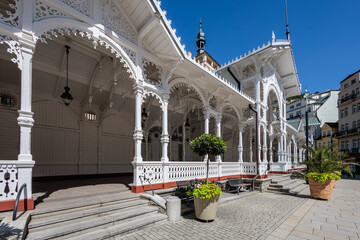 Summer walk through the spa center of the famous Karlovy Vary (Carlsbad) in the Czech Republic