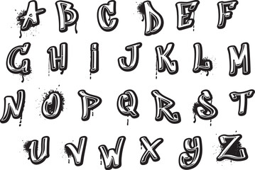 Graffiti uppercase letters of English alphabet, grunge stencil vector font, black spray aerosol paint typographic symbol