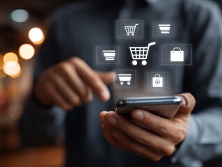Online shopping, E-commerce and digital marketing concept. person using a smartphone to make an online purchase, with digital shopping icons in the background.