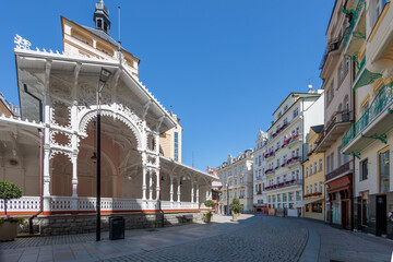 Summer walk through the spa center of the famous Karlovy Vary (Carlsbad) in the Czech Republic