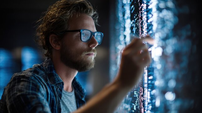 A focused man examines digital data on a transparent screen, immersed in his technological work environment.