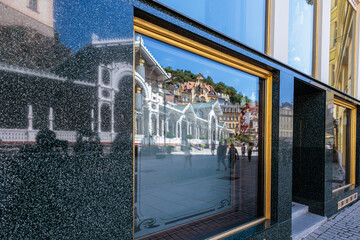 Summer walk through the spa center of the famous Karlovy Vary (Carlsbad) in the Czech Republic