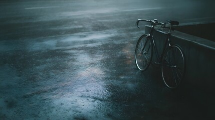 Obraz premium A lone bicycle stands parked beside a wet urban road at night with reflections on the glistening surface under the dark rainy sky
