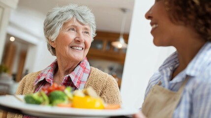 A joyful elderly woman enjoying a healthy meal served by a caring caregiver in a warm, inviting kitchen.