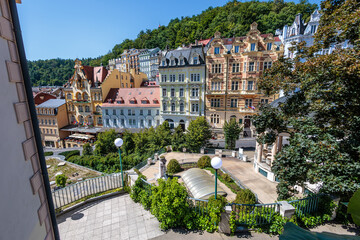 Summer walk through the spa center of the famous Karlovy Vary (Carlsbad) in the Czech Republic