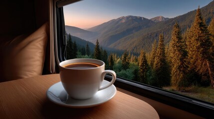 Mountain scenery view from inside a campervan concept. Serene coffee cup by the window with a stunning mountain view.