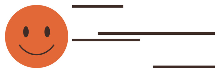 Orange smiling face alongside horizontal speed lines implying movement, speed, and optimism. Ideal for positivity, energy, efficiency, momentum, happiness, cheerfulness and simple flat metaphor
