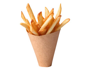 Golden Fries in Rustic Cone: Crispy, golden-brown fries presented in a classic rustic cone, ready to delight with their savory aroma. Capturing the essence of fast food.