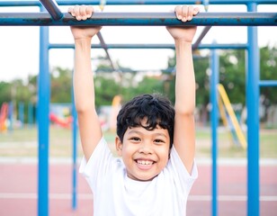 Obraz premium Smiling boy hangs from outdoor gym equipment