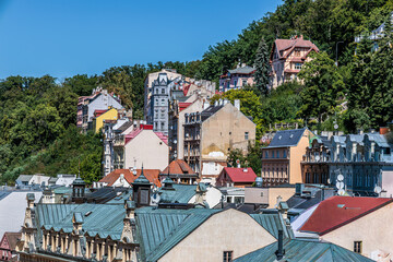 Summer walk through the spa center of the famous Karlovy Vary (Carlsbad) in the Czech Republic