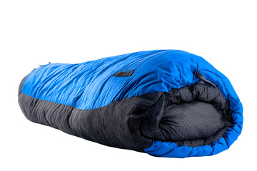 sleeping bag resting in soft setting   isolated on white background