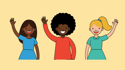 Three diverse smiling girls waving hello, friendly children illustration representing inclusion and welcome
