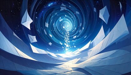 A swirling vortex of blue and white, with paper-like shapes