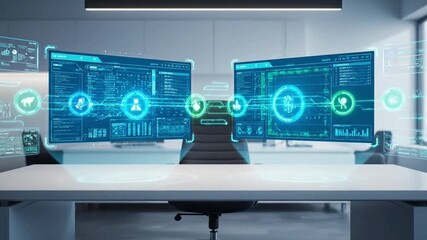 Futuristic digital interfaces on dual monitors showcasing data analysis and network connectivity - Powered by Adobe
