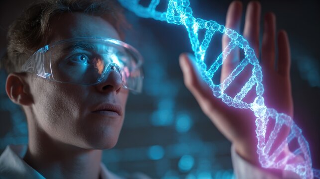 A scientist interacts with a holographic DNA structure, showcasing the blend of technology and biology in research.