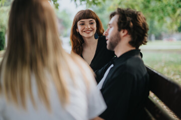 Adults seated on a park bench share a conversation outdoors, enjoying their time together surrounded by nature, with a casual and friendly atmosphere reflecting positive interactions.