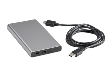 external hard drive with connecting cable  isolated on white background