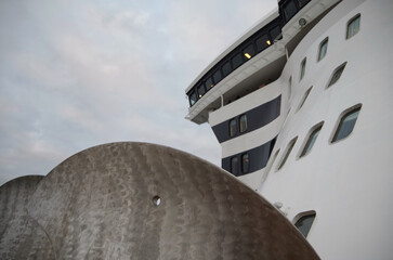 Legendary ocean liner cruiseship cruise ship Queen Mary superstructure silhouette with black and...