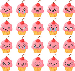 Set of pixel cupcakes, pink cream, cherry on top, with different emotions and facial expressions.